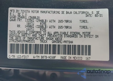 2021 Toyota Tacoma Sr V6/Sr5 V6/Trd Off-Road/Trd Pro/Trd Sport from USA, damaged, VIN 3TMCZ5AN1MM405331